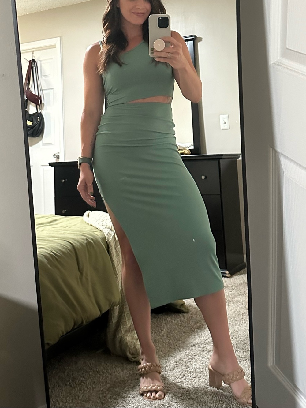 Green Draped Cutout Wall Dress